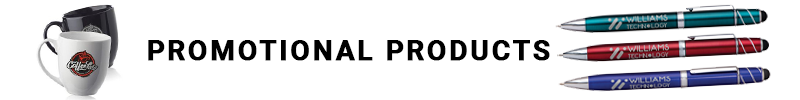 promotional product banner showing cups and pens.