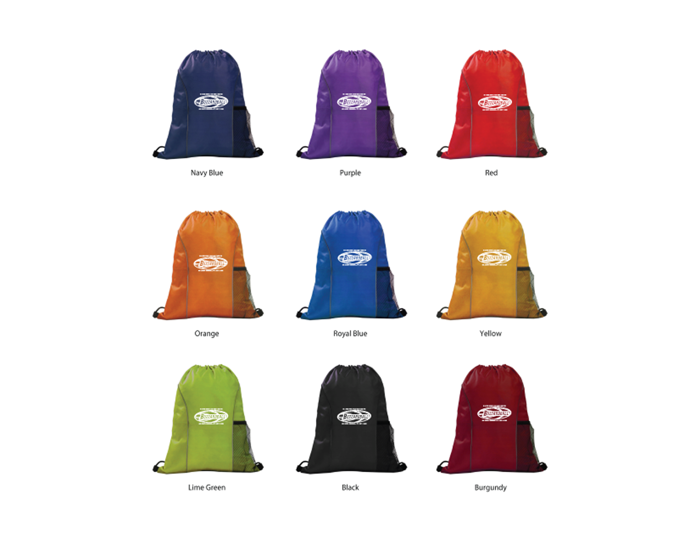 image of 9 differently colored bags showing the buzzardball logo in white