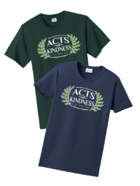 Mock-ups of two dark colored t-shirts with a graphic imprint on the shirts saying 'Acts of Kindness a Tee-rific idea"