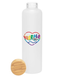 mock-up of a white eco-friendly glass bottle with raindbow artwork saying 'Hydrate with heart'