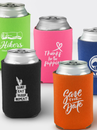 photo of a grouping of koozies with different logos on them